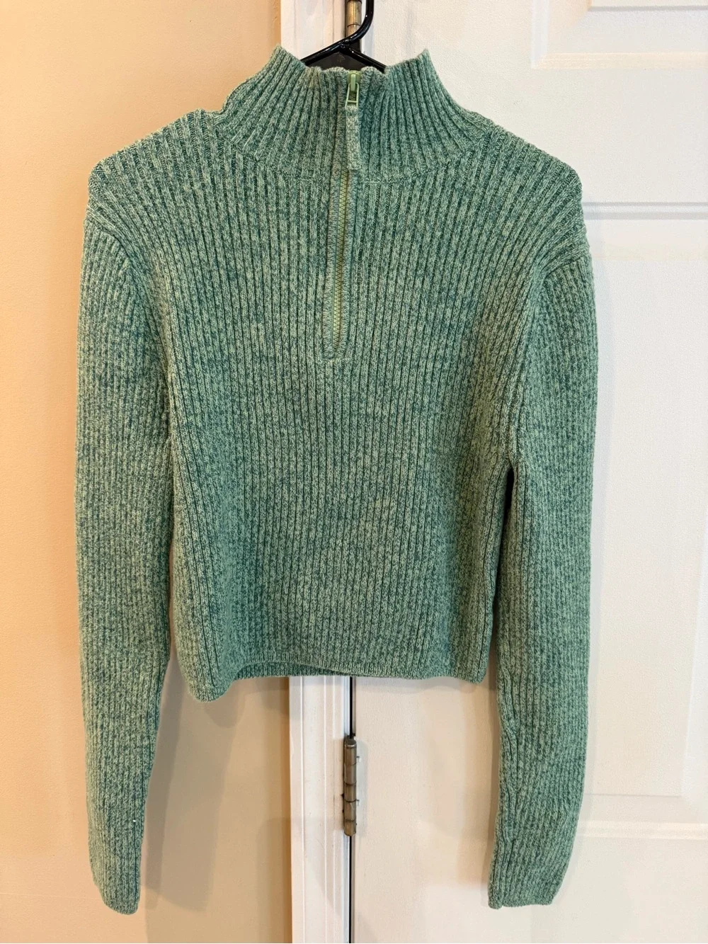 aerie Teal Ribbed Half‑Zip Turtleneck Sweater